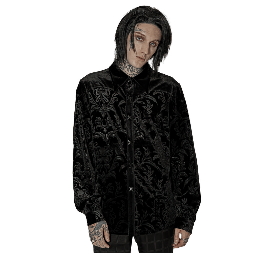 Men's black velvet embossed gothic shirt with a loose fit, ideal for casual wear and stylish comfort.