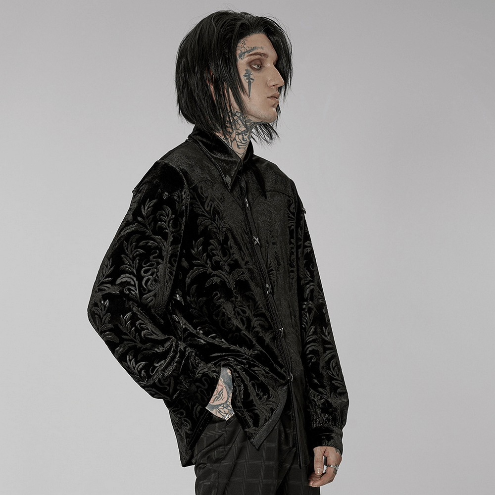 Men's velvet embossed gothic shirt featuring a loose fit and intricate design for casual style.
