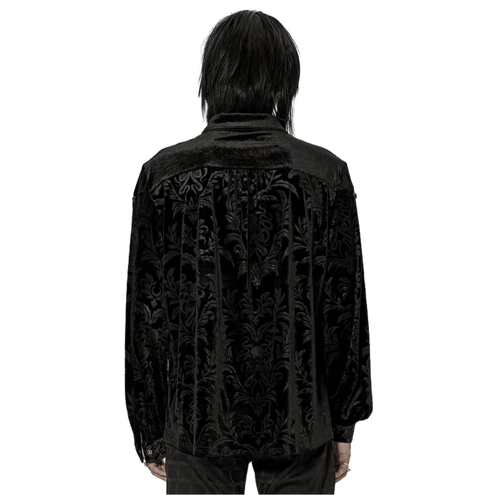 Back view of a men's velvet embossed gothic shirt, showcasing elegant black fabric and loose fit for casual wear.