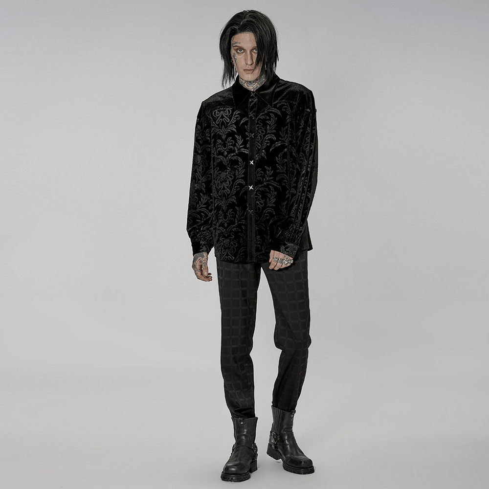 Men's velvet embossed gothic shirt in black, showcasing luxurious detailing and a loose fit for casual wear.