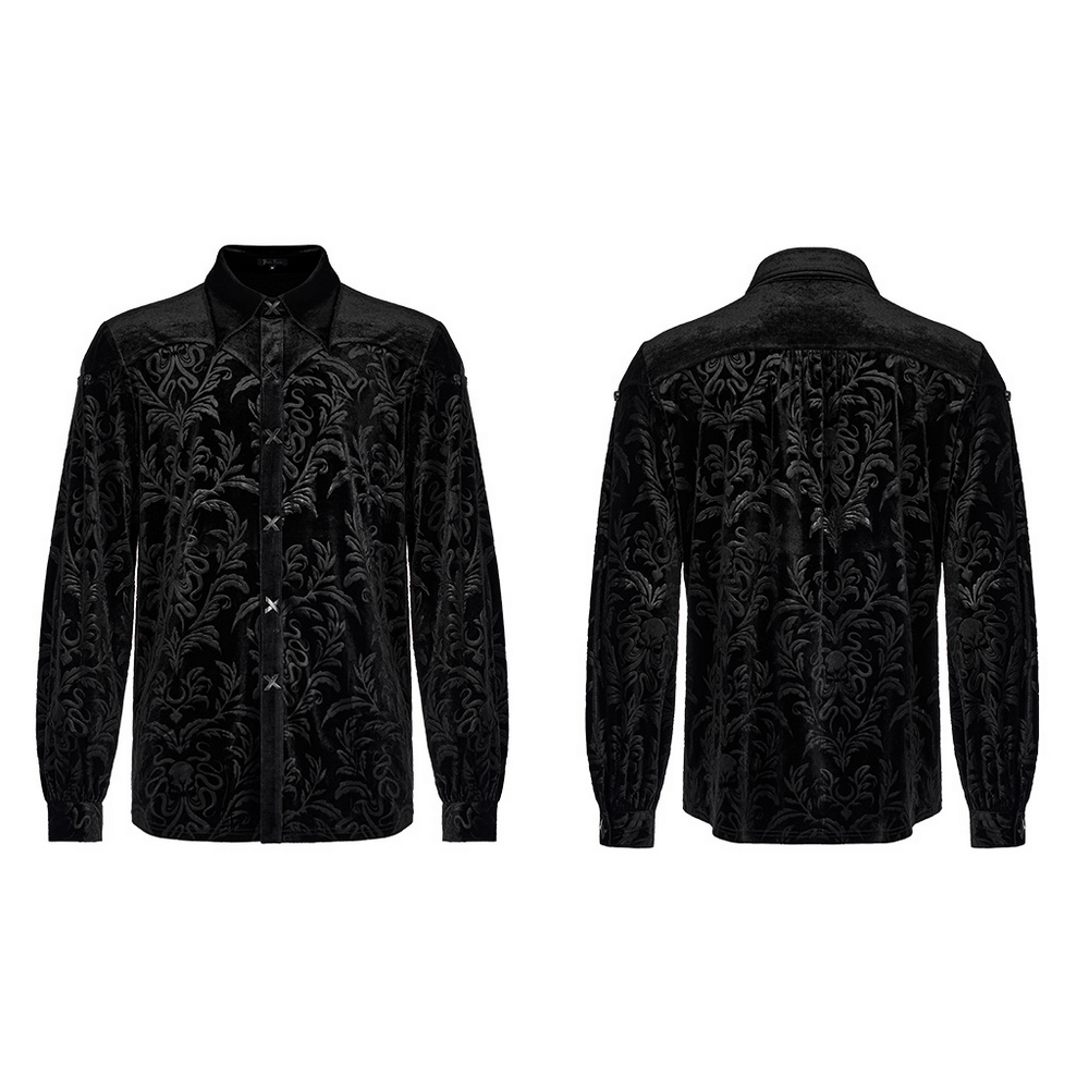 Men's velvet embossed gothic shirt, loose fit with gothic octopus print, flattering black color for casual style.