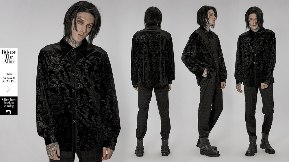 Men's Velvet Embossed Gothic Shirt showcasing a stylish gothic design, perfect for casual wear and all-day comfort.