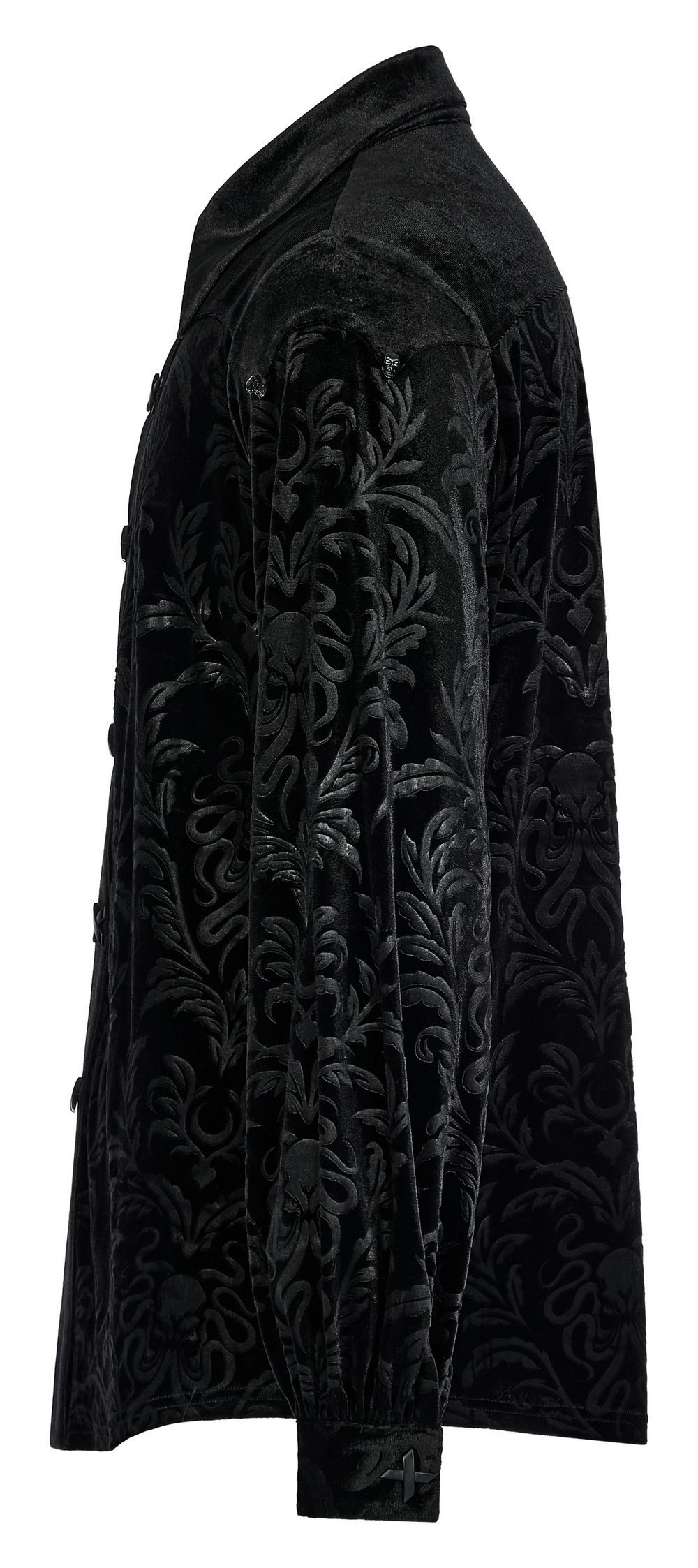Men's black velvet embossed gothic shirt side view, featuring intricate floral design and elegant collar.