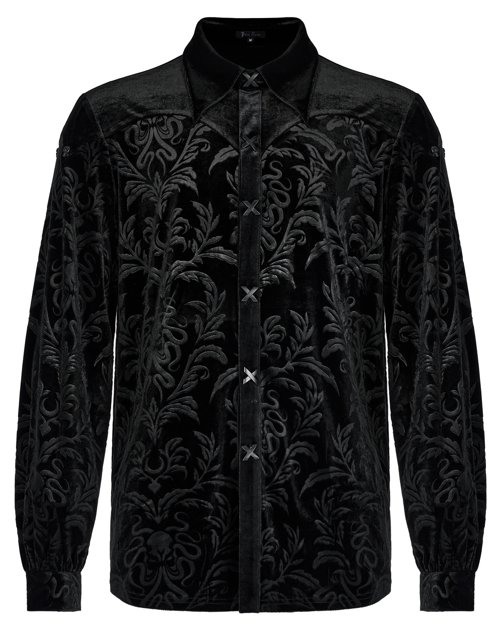 Men's velvet embossed gothic shirt in black with intricate patterns, perfect for casual gothic style.