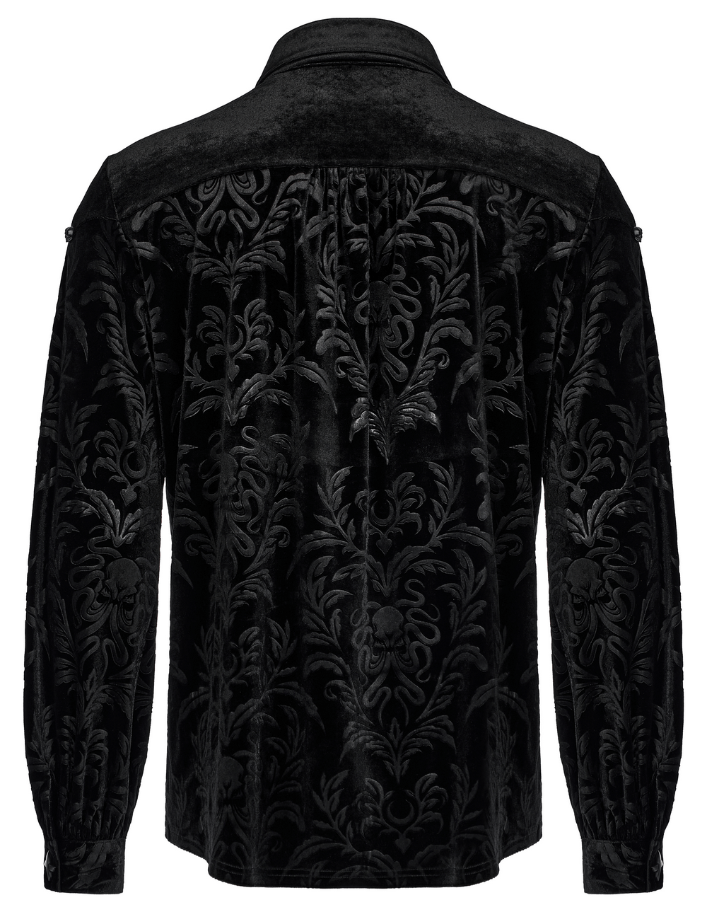 Back view of men's velvet embossed gothic shirt showcasing intricate design and loose fit for ultimate comfort.