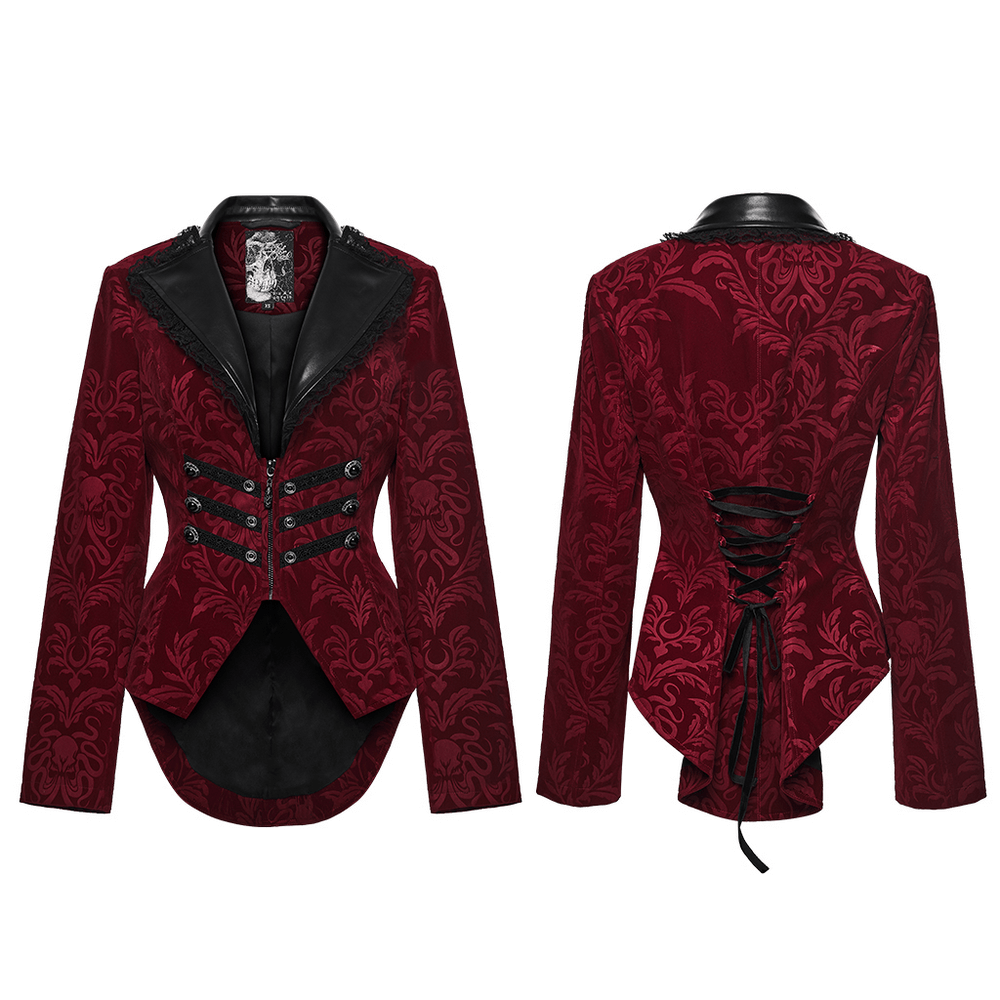 Velvet Embossed Jacket with Leather Details and Lace featuring gothic print, cinched waist, and lace trim.