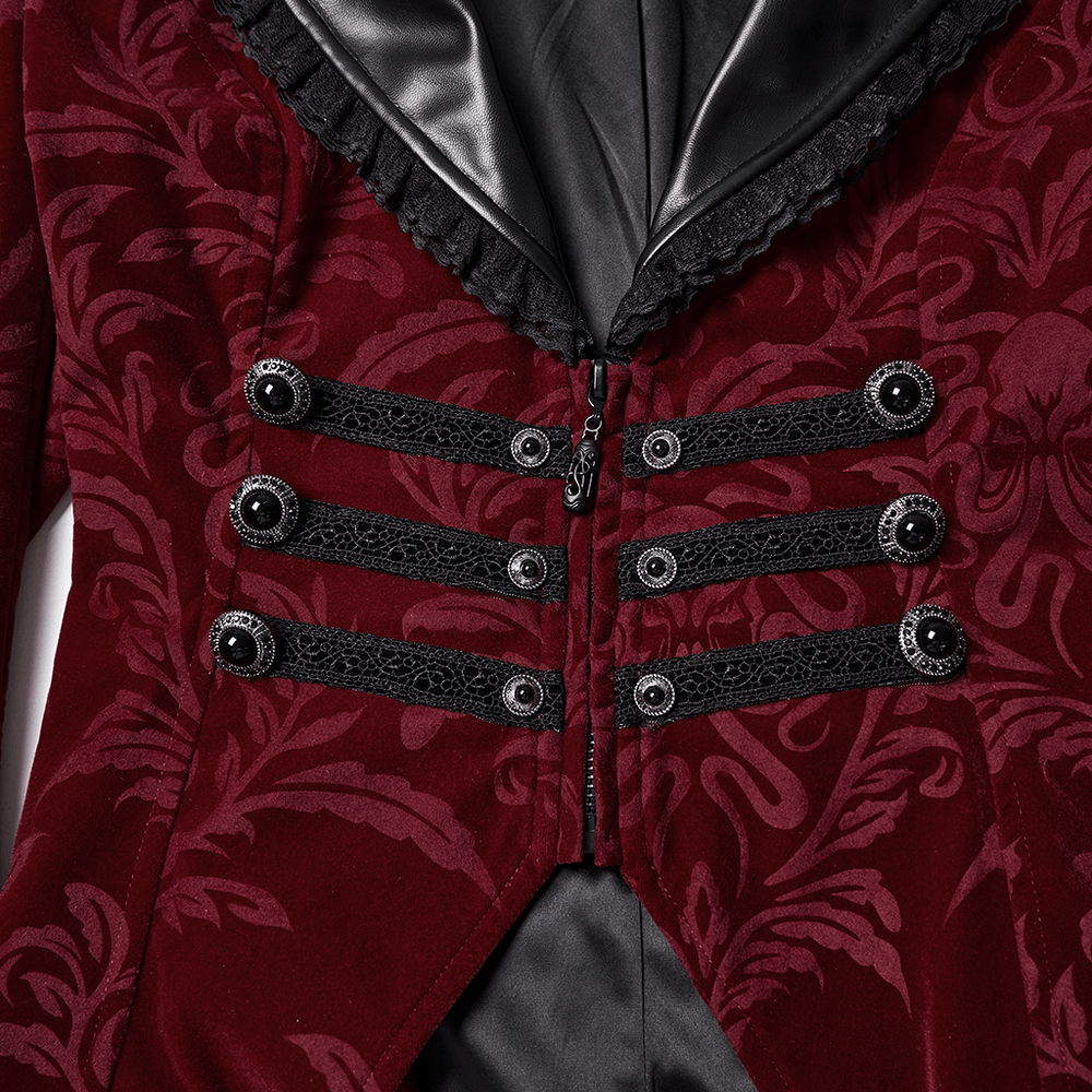 Close-up of the Velvet Embossed Jacket with Leather Details and Lace showcasing gemstone buttons and lace trim.