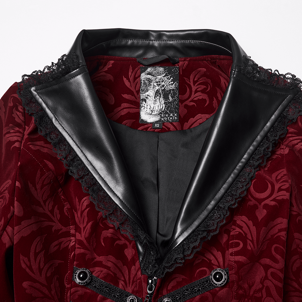 Close-up of Velvet Embossed Jacket with Leather Details and Lace showcasing collar and lace trim.