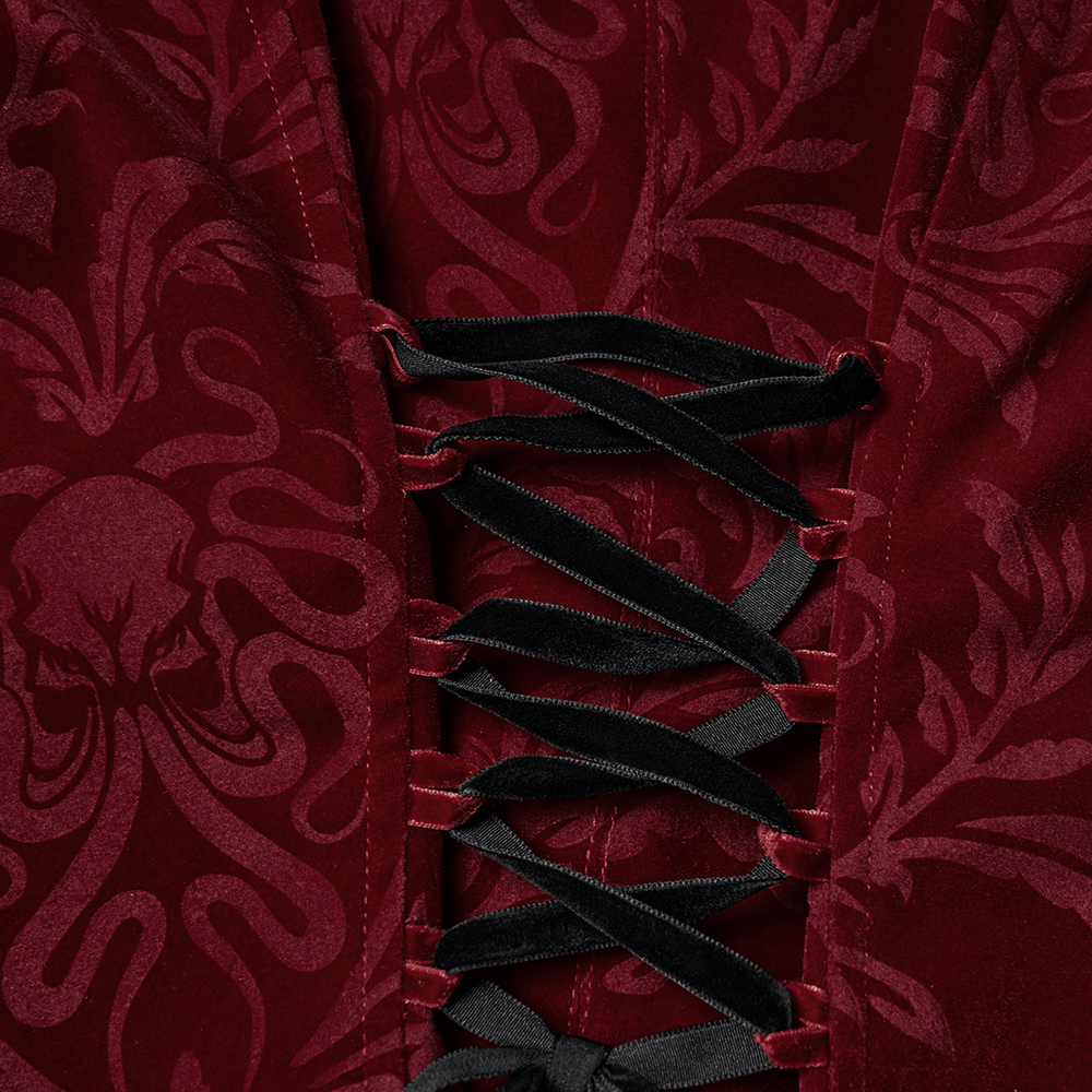 Velvet Embossed Jacket with Leather Details and Lace showcasing intricate lacing and vintage gothic print.