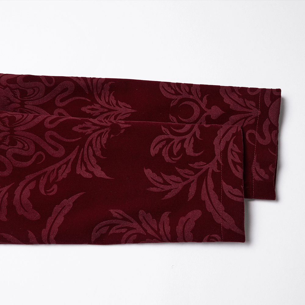 Velvet Embossed Jacket with Leather Details and Lace fabric swatch featuring intricate vintage gothic print.