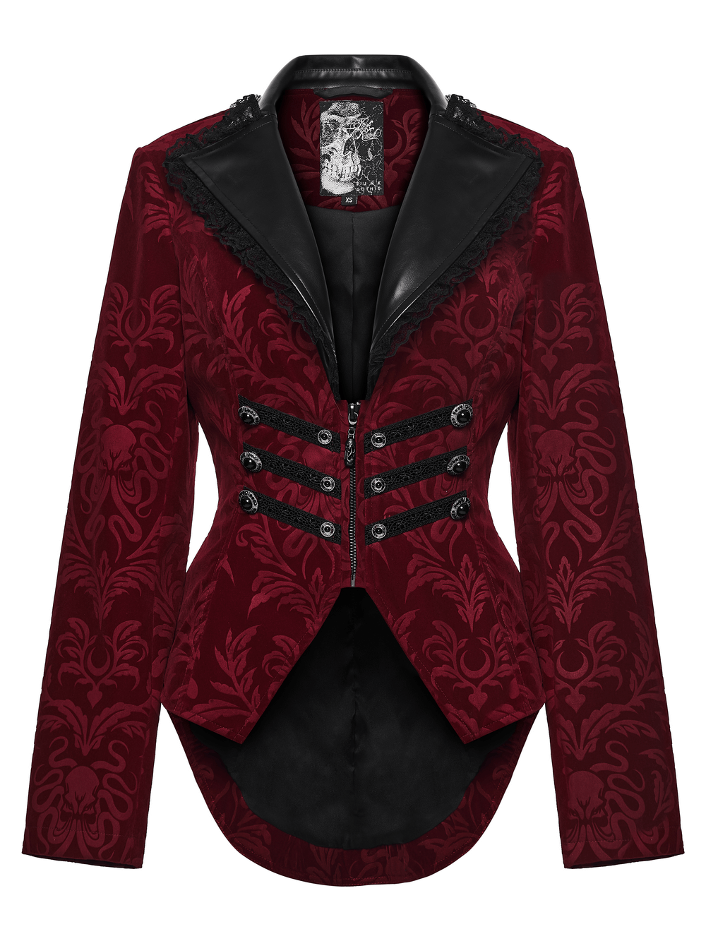 Velvet Embossed Jacket with Leather Details and Lace, featuring intricate detailing and a cinched waist.