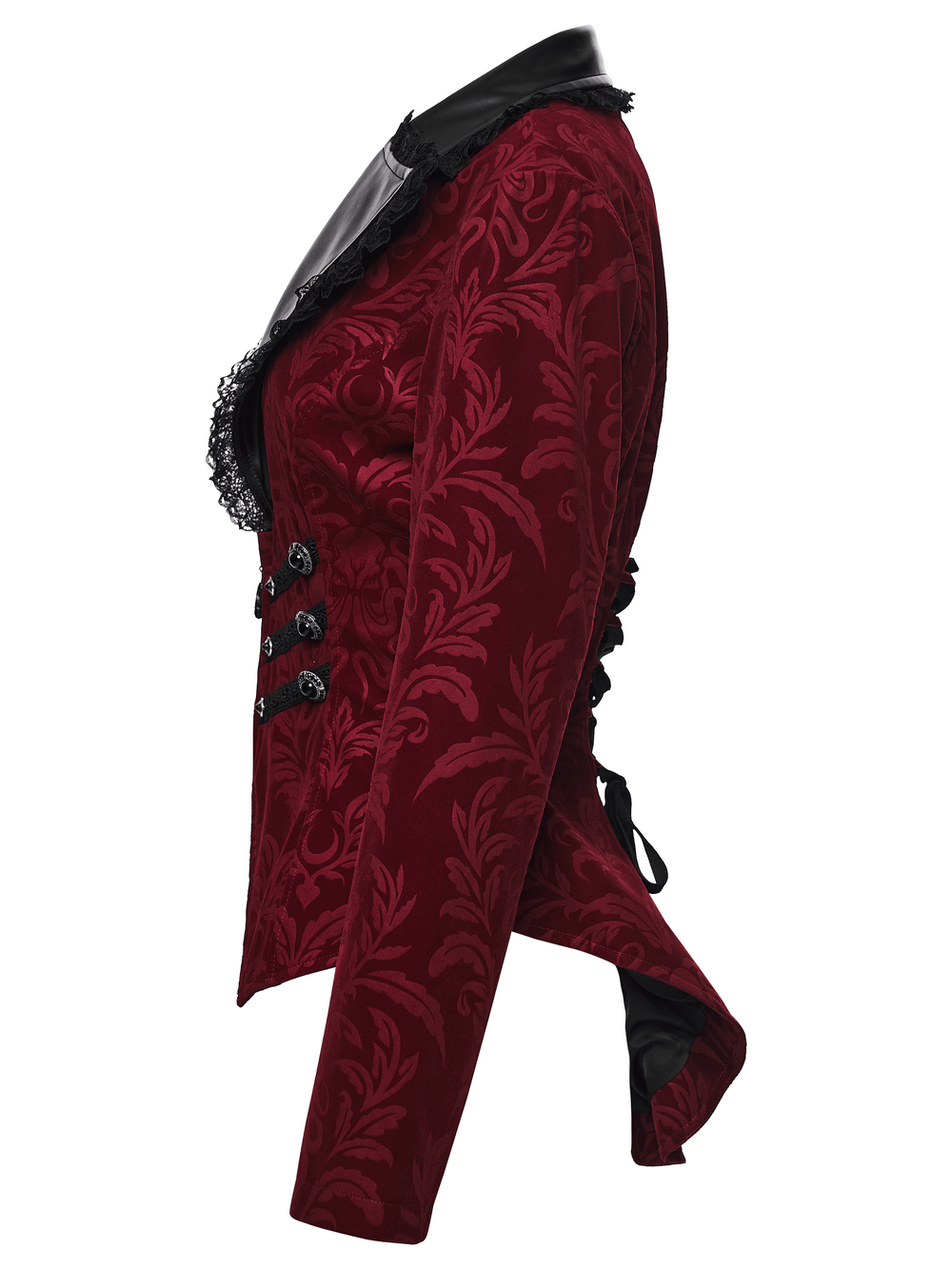 Velvet Embossed Jacket with Leather Details and Lace side view showcasing intricate design and vintage gothic style.