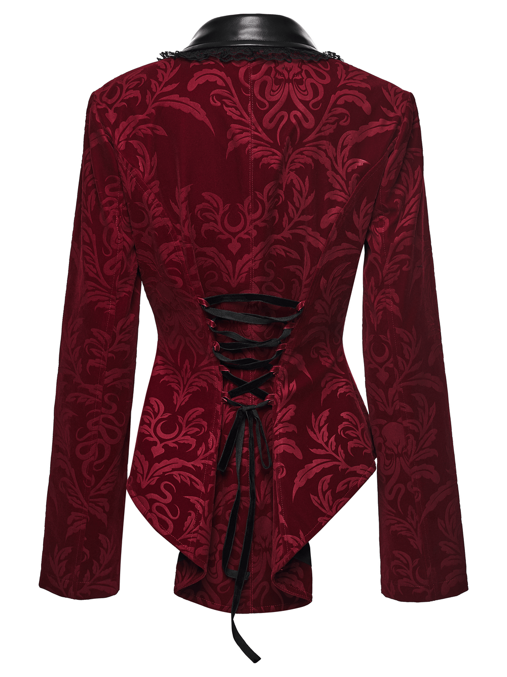 Velvet Embossed Jacket with Leather Details and Lace, featuring a cinched waist and intricate back design.