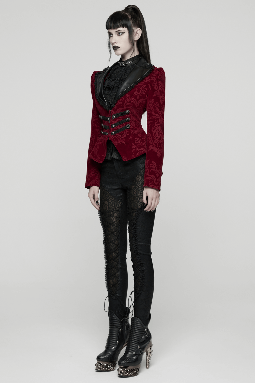 Velvet Embossed Jacket with Leather Details and Lace worn by a model, showcasing gothic vintage style and cinched waist.