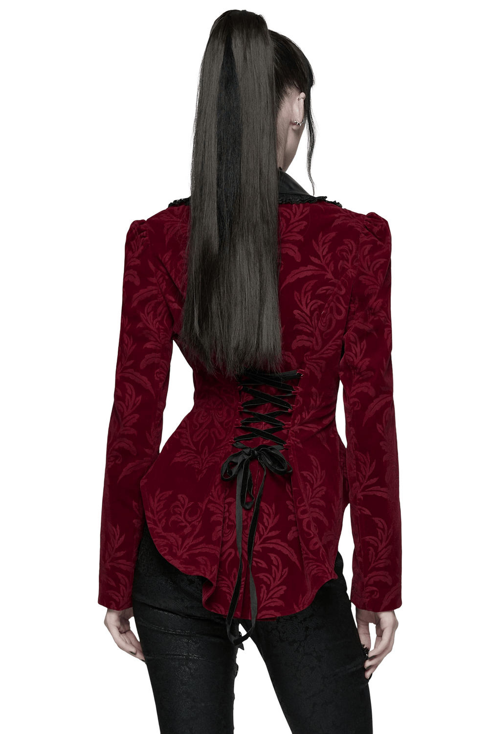 Velvet Embossed Jacket with Leather Details and Lace showcasing the cinched waist and intricate lace detail from the back.