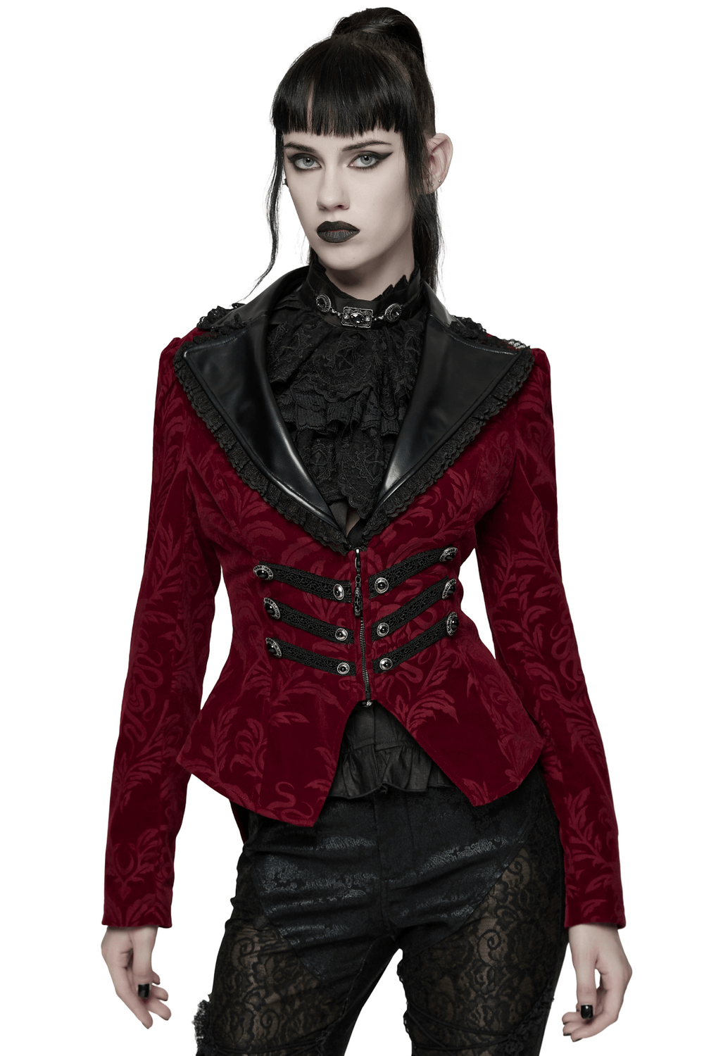 Velvet Embossed Jacket with Leather Details and Lace worn by a model with gothic makeup and hairstyle.