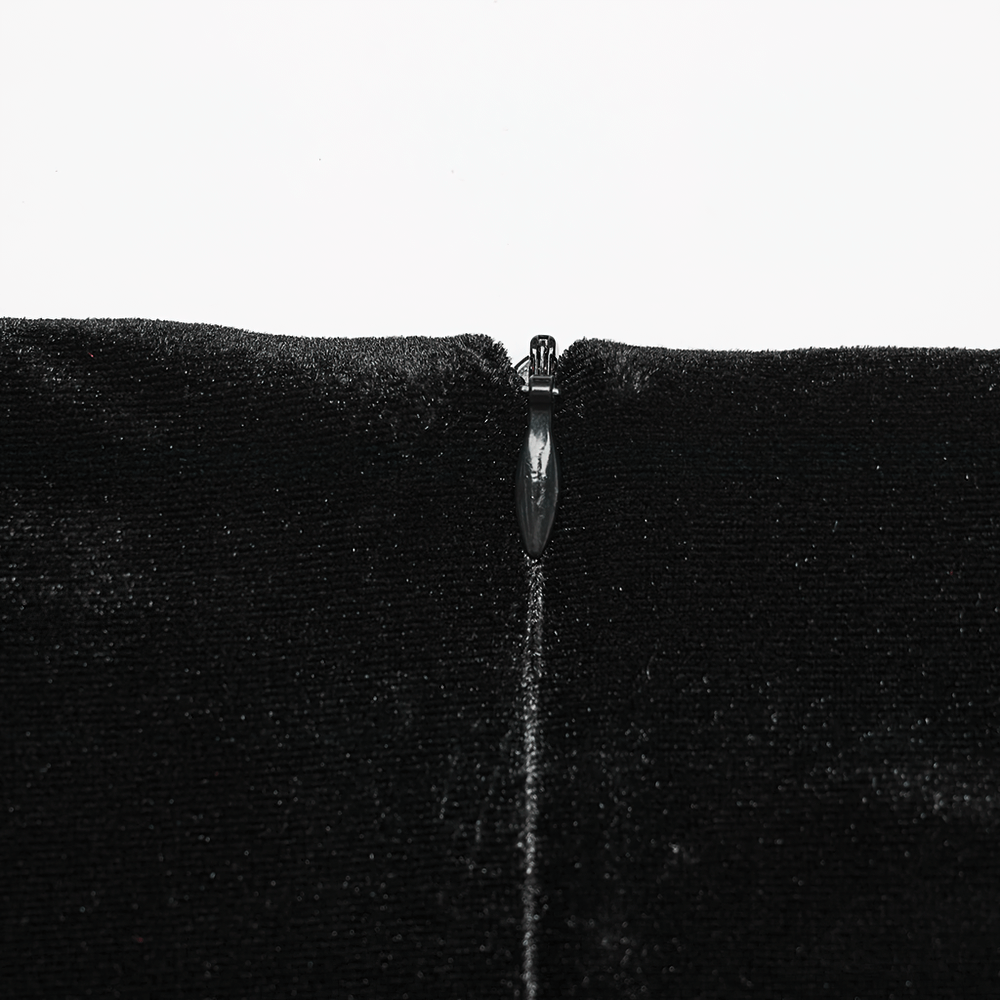 Close-up of the back zipper detail on a gothic velvet fishtail skirt.