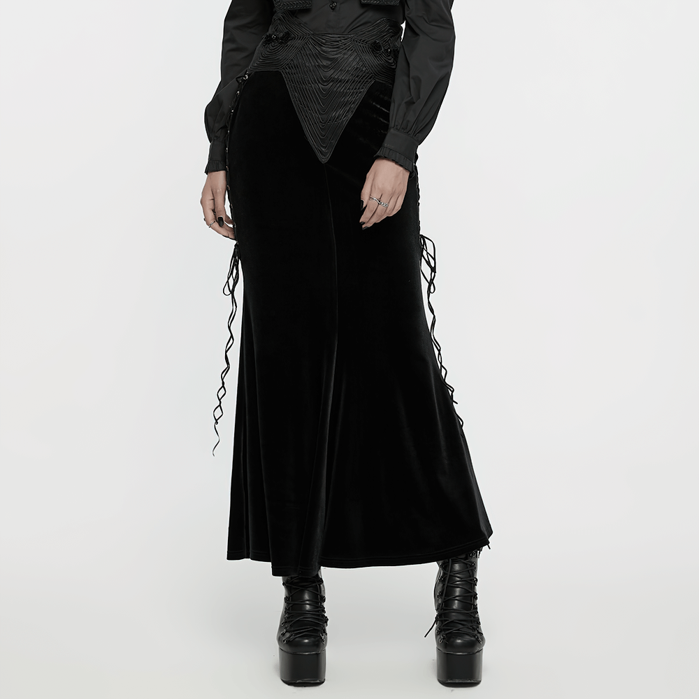 Gothic velvet fishtail skirt with 3D rose buckle detail and side drawstrings for a chic, elegant look.