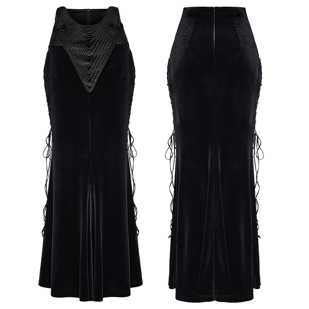 Gothic velvet fishtail skirt with 3D rose buckle, side drawstrings, and elegant U-shaped embroidery detail.