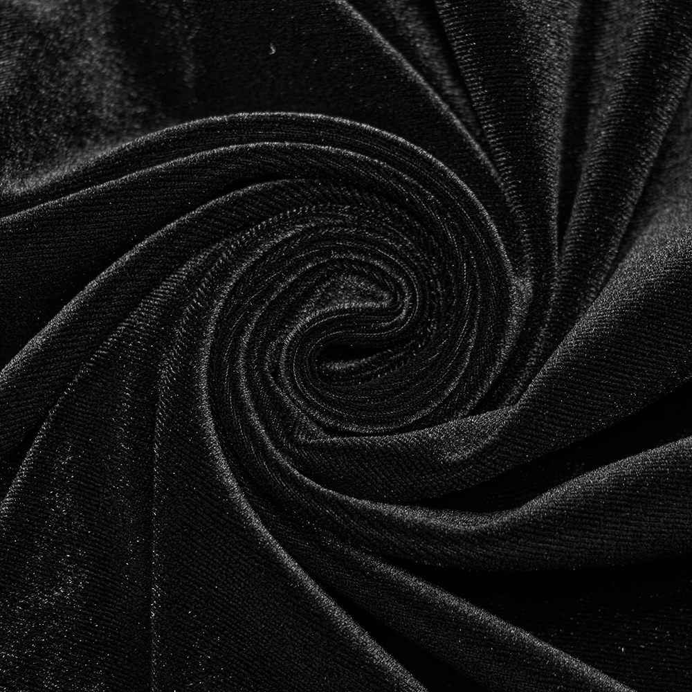 Close-up of luxurious black velvet fabric, showcasing its soft texture and elegant sheen for gothic fashion.