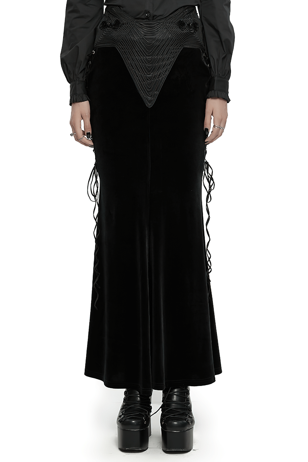 Gothic velvet fishtail skirt with 3D rose buckle and side drawstrings for women.