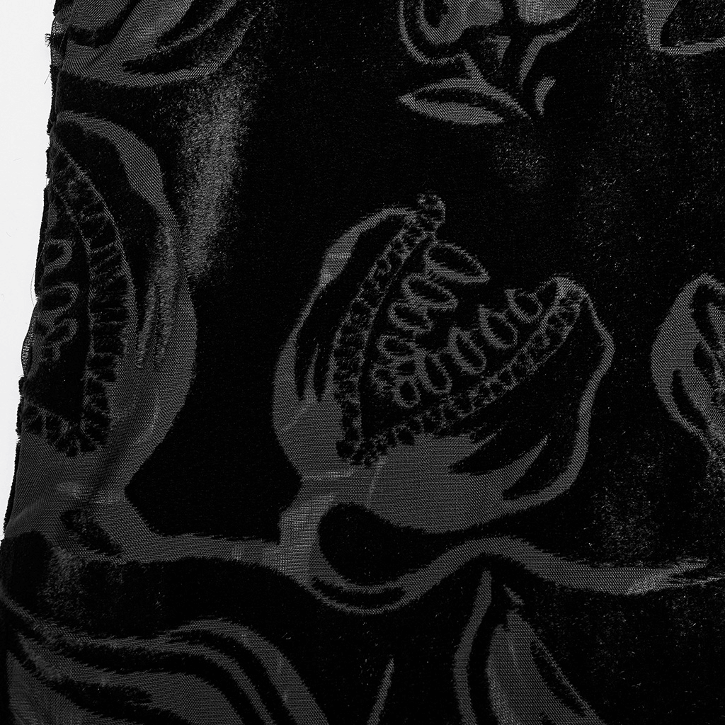 Close-up of the Gothic velvet shirt featuring a unique piranha pattern in luxurious black texture.