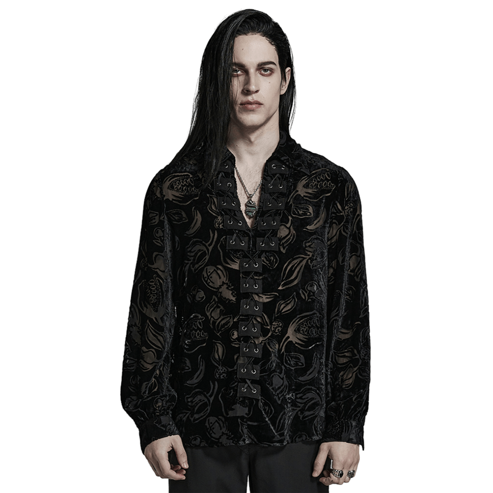 Men's gothic velvet shirt featuring unique piranha pattern and luxe flocked design for a striking look.