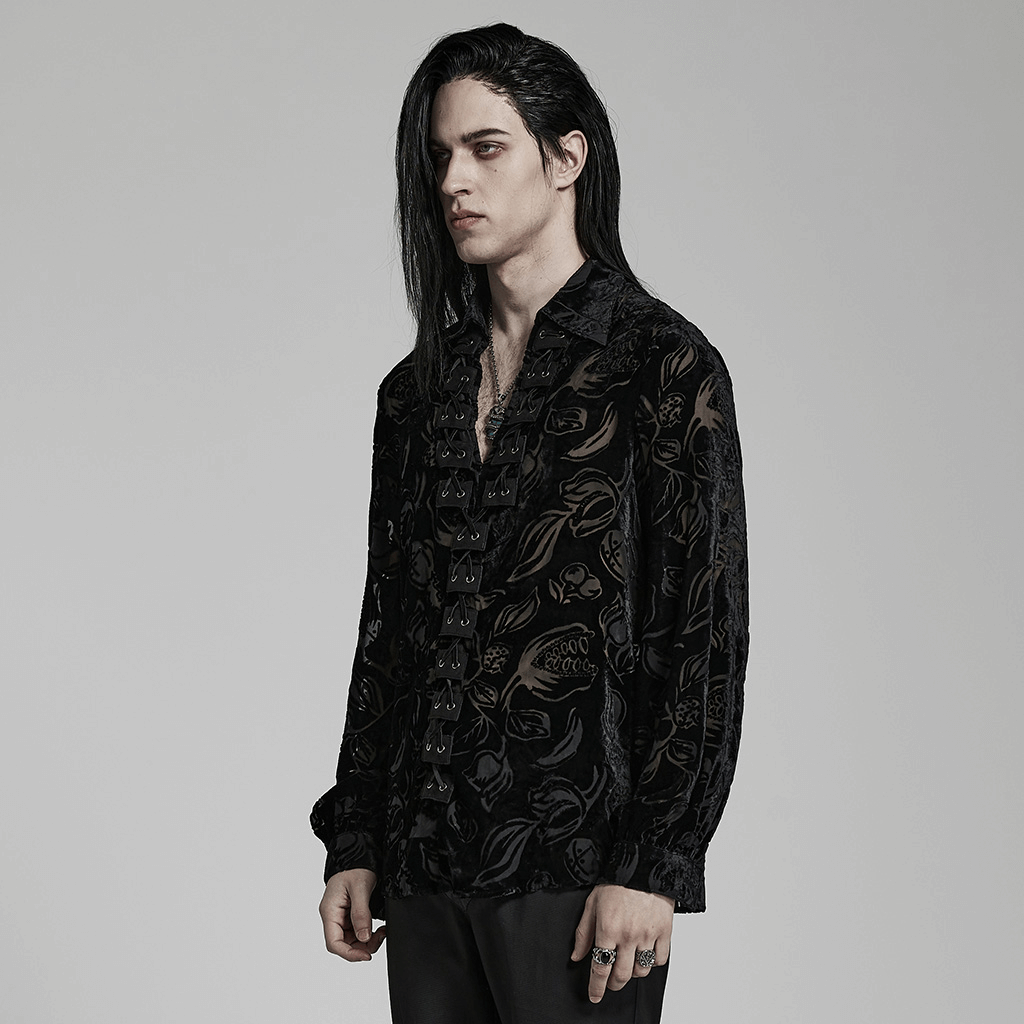 Men's Gothic velvet shirt featuring a unique piranha pattern and luxurious flocked design.