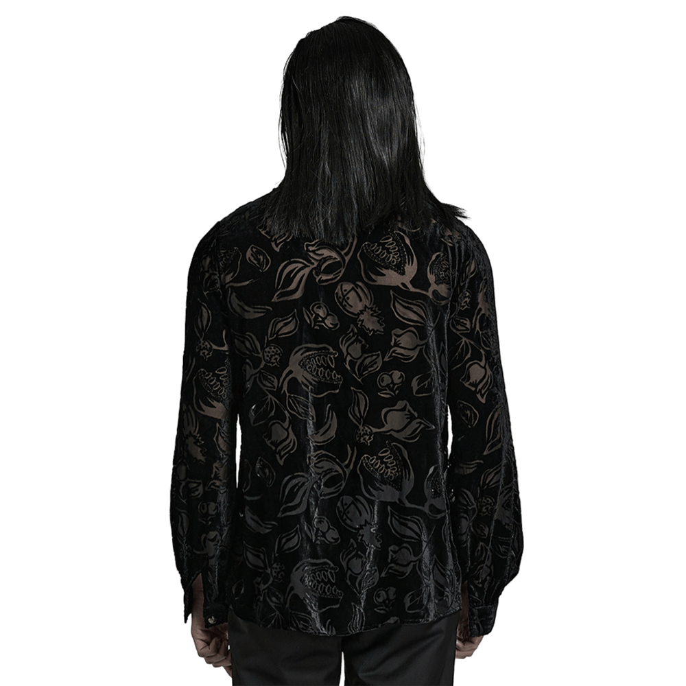 Back view of a Gothic velvet shirt with piranha pattern, featuring loose lantern sleeves and luxurious texture.