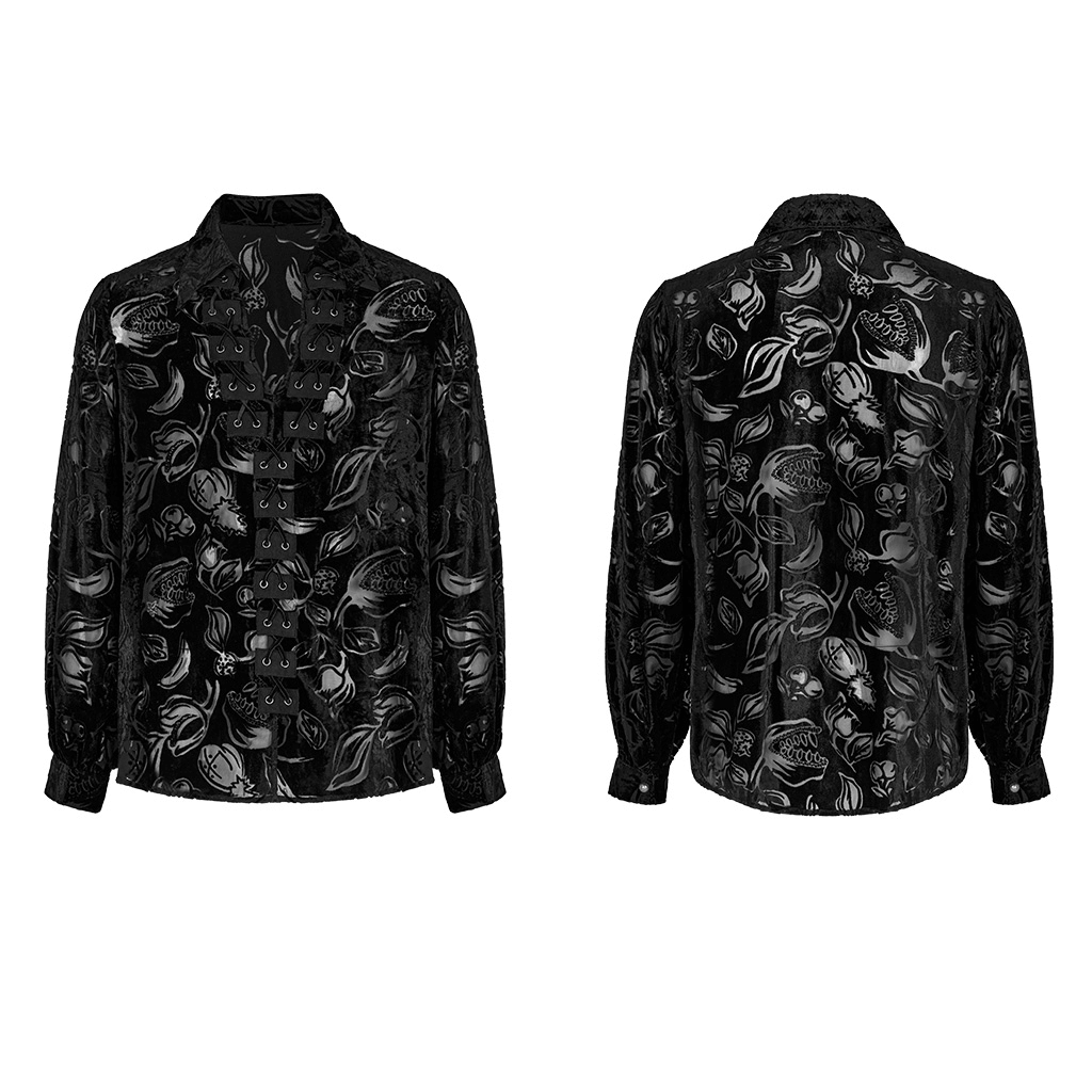 Gothic velvet piranha shirt with unique flocked design, lantern sleeves, and suede loops, showcasing luxury and elegance.