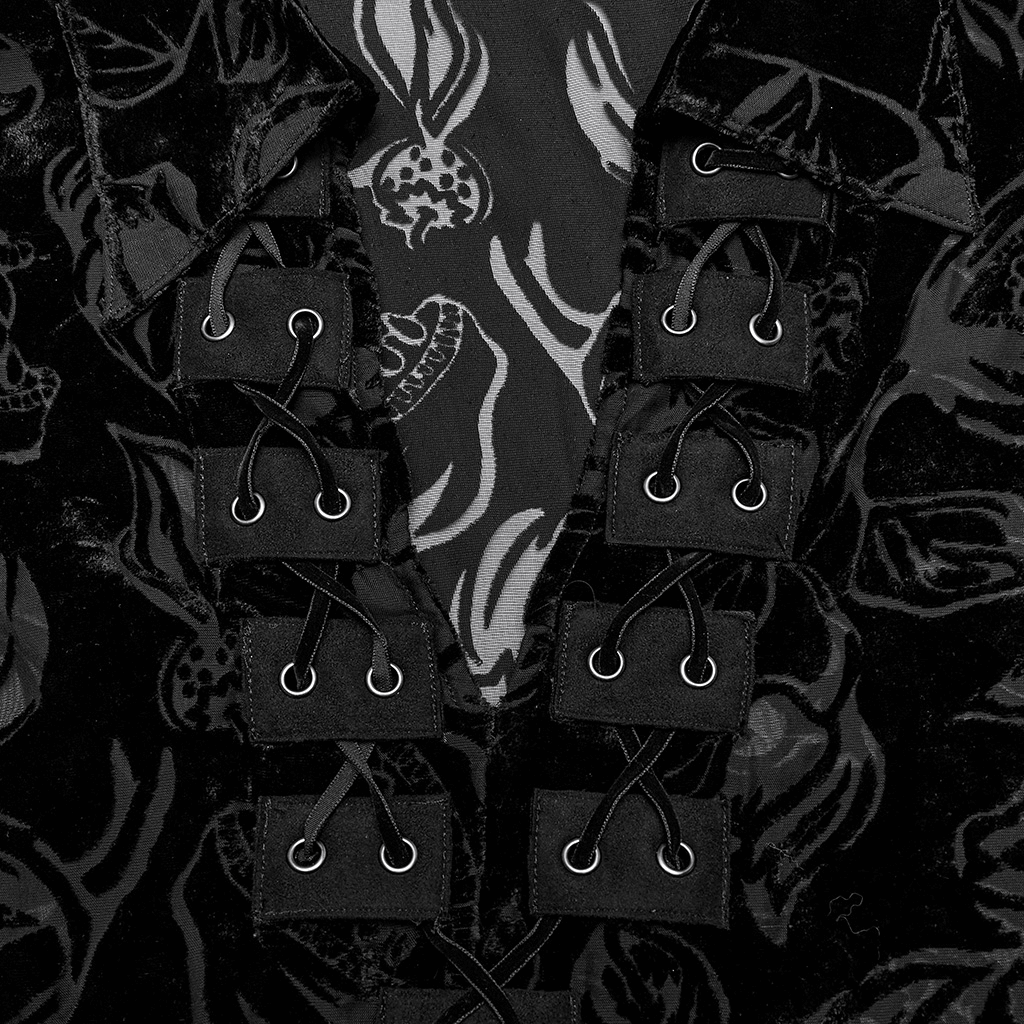 Close-up of the Gothic velvet shirt's luxe lace-up design and intricate piranha pattern detailing.