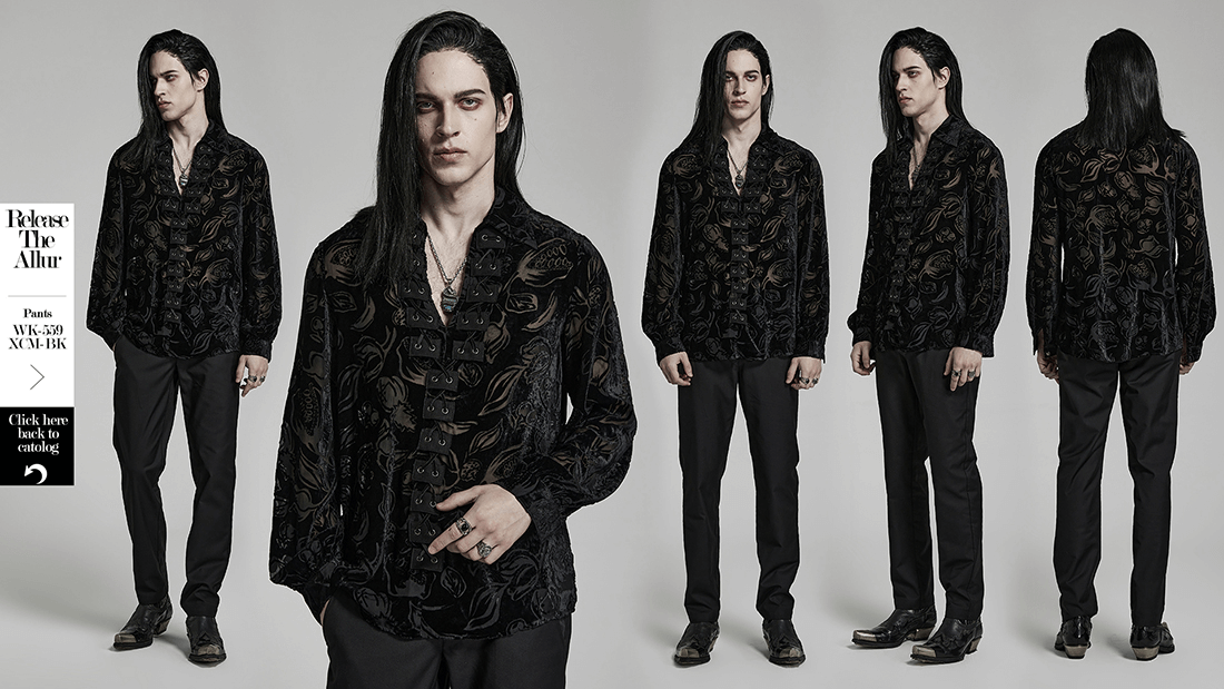 Gothic men's velvet flocked piranha shirt with lantern sleeves and suede accents, exuding elegance in black.