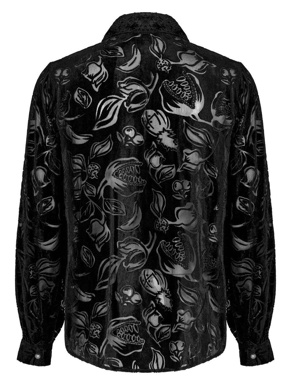 Back view of a Gothic men's velvet shirt featuring a piranha and floral design, showcasing luxury and unique style.