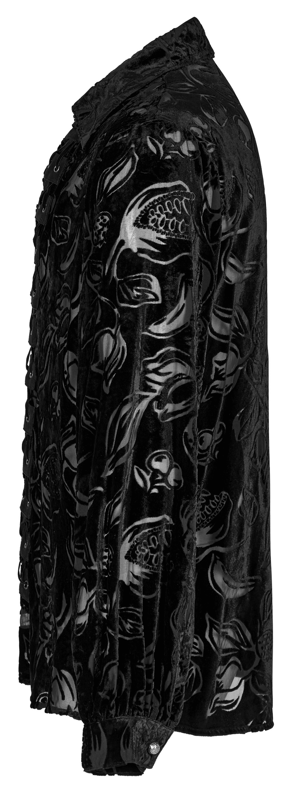Side view of Gothic velvet shirt featuring a piranha pattern and lantern sleeves for men.