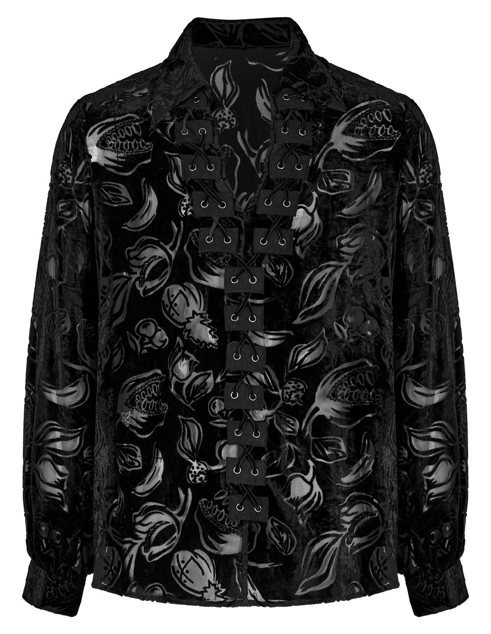 Gothic velvet shirt with piranha pattern, featuring suede loops and mushroom buttons, perfect for a luxe style.