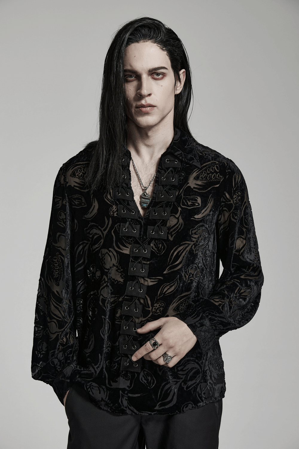 Gothic velvet flocked shirt for men featuring unique piranha pattern and lantern sleeves, exuding elegance and luxury.