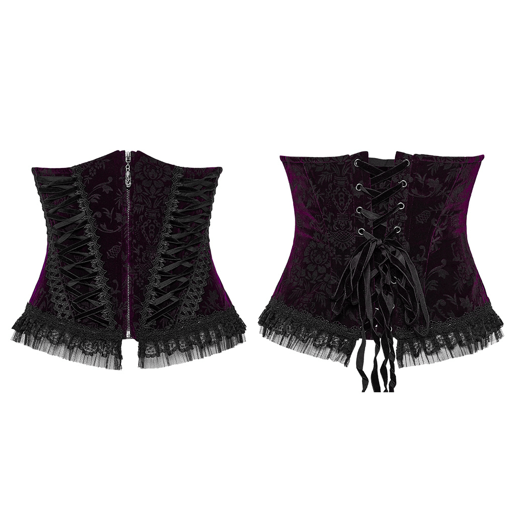 Luxurious velvet goth corset with lace trim and front zipper, showcasing elegance and gothic romance.