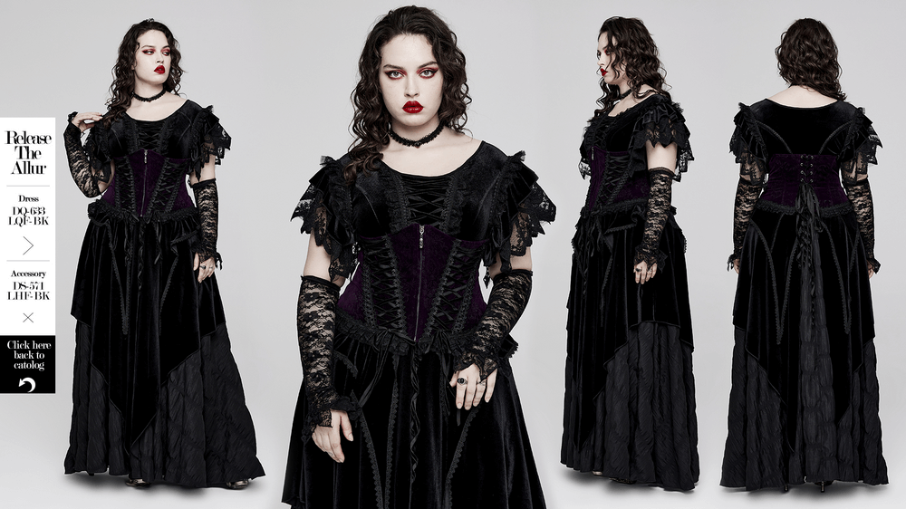 Stunning velvet goth corset dress with lace trim, featuring a front zipper and elegant gothic design.