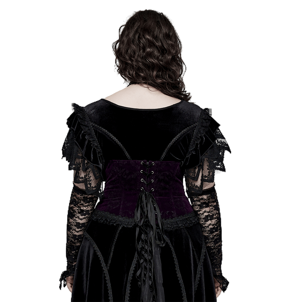 Back view of a velvet goth corset with lace trim, showcasing elegant details and adjustable drawstring.