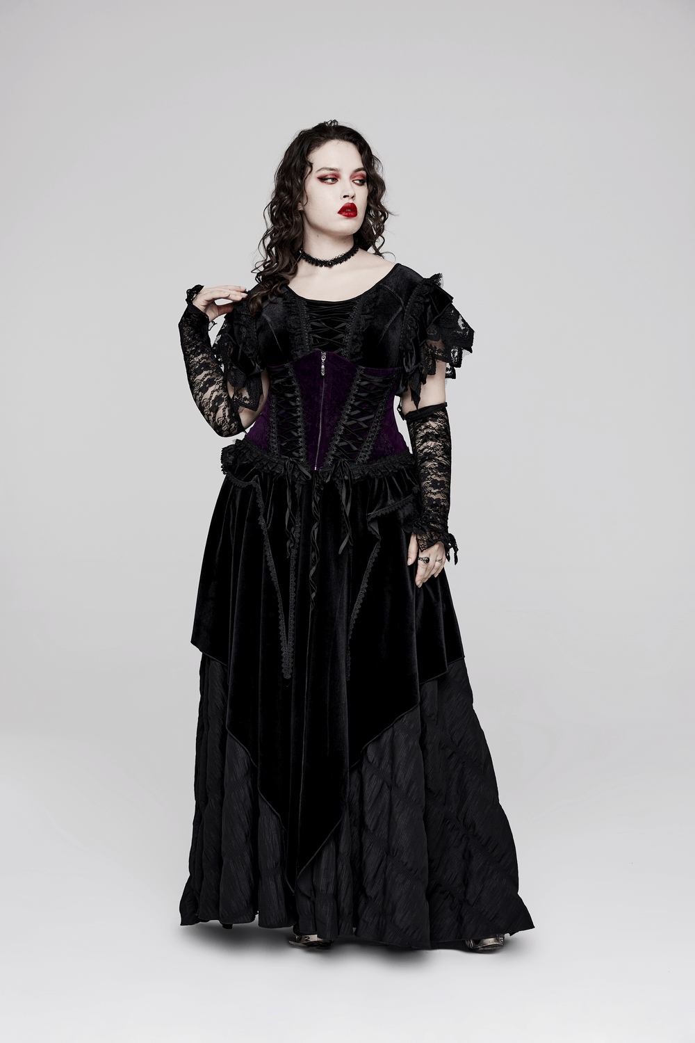 Elegant goth corset dress with lace trim and bell sleeves in black and purple, showcasing gothic romance style.