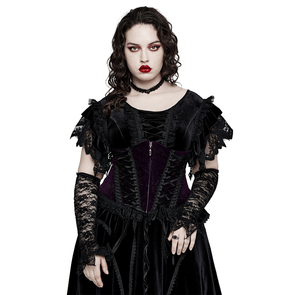 Gothic velvet corset with lace trim and front zipper, embodying elegance and romance in dark fashion.