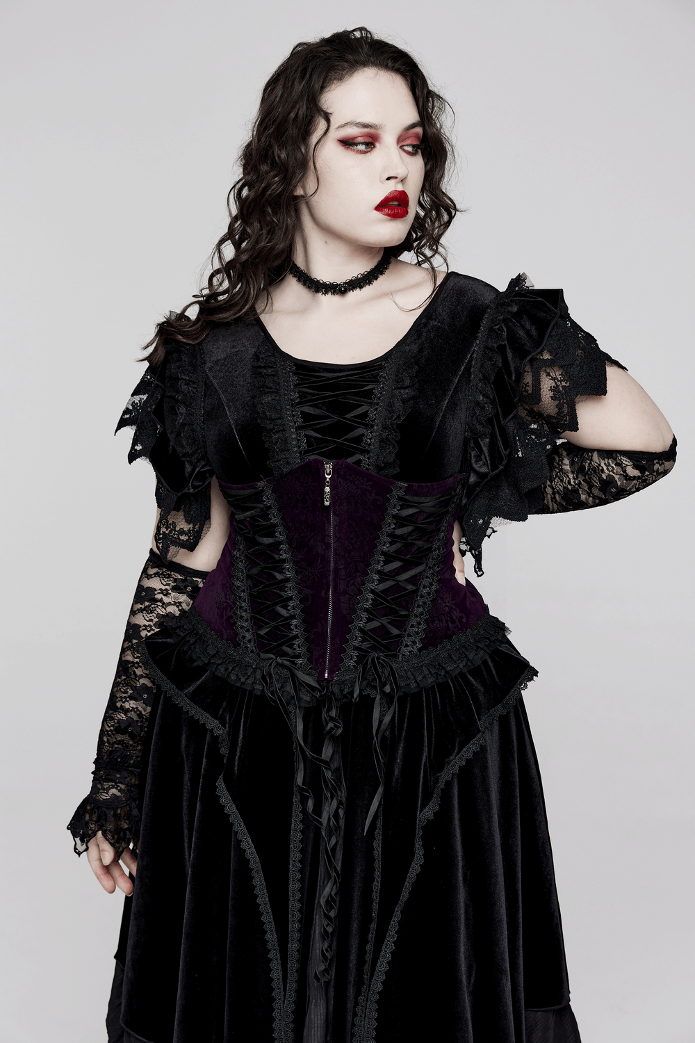Velvet Goth Corset with Lace Trim and Front Zipper - HARD'N'HEAVY