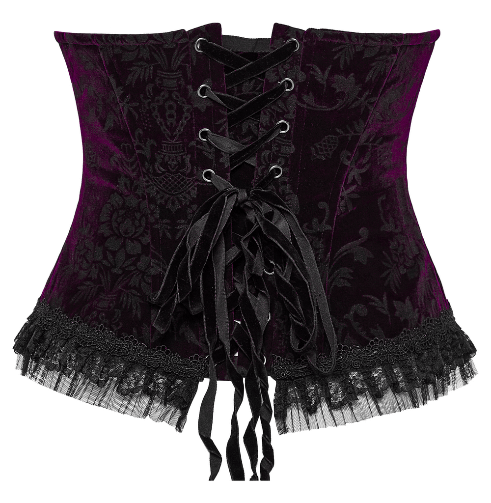 Luxurious purple velvet goth corset with lace trim and back drawstring for a tailored fit.