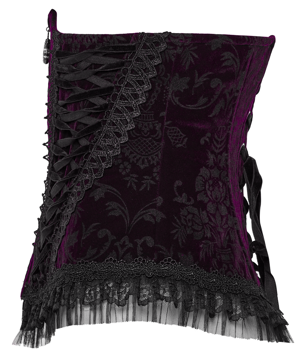 Luxurious velvet goth corset in deep purple with lace trim and front zipper, perfect for romantic gothic style.