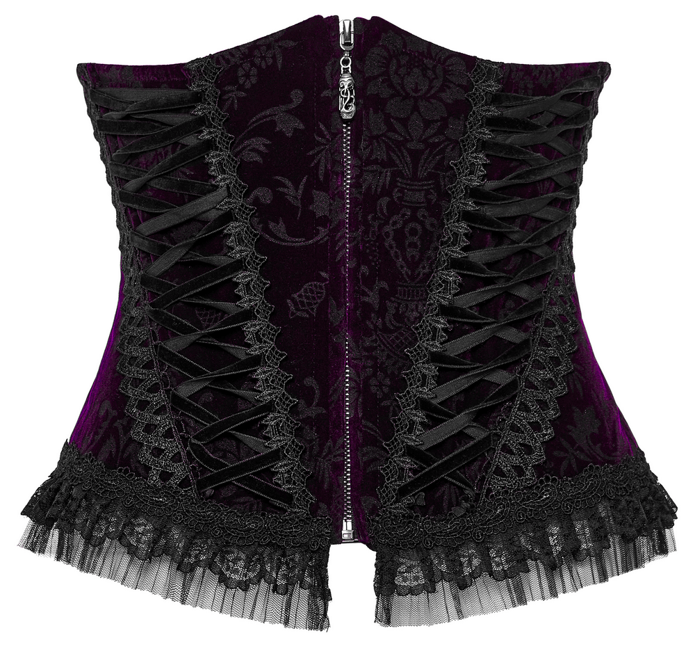 Back view of a luxurious velvet goth corset with lace trim, front zipper, and intricate black detailing.