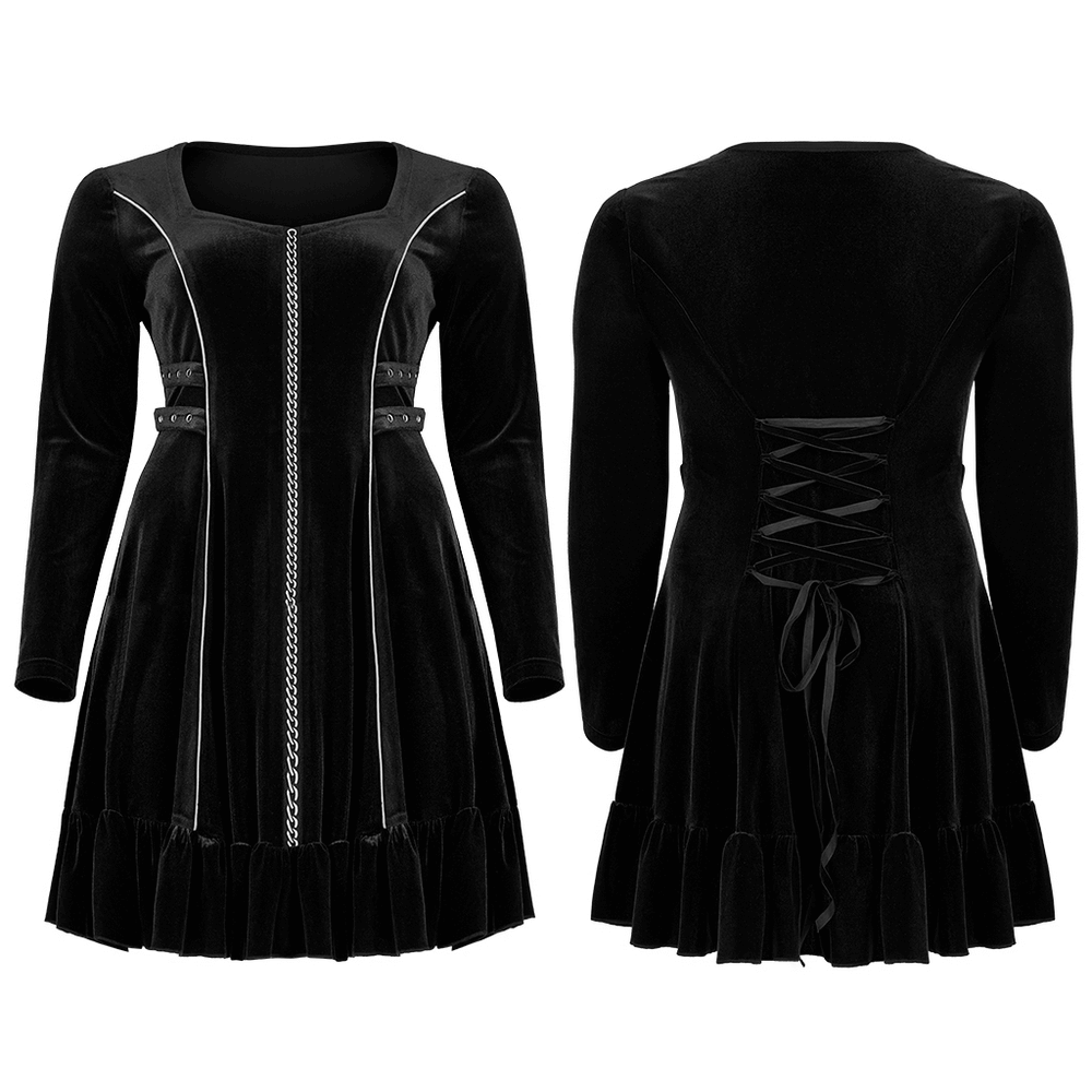 Velvet Goth Dress with Chain Detail and Fluorescent Trim - HARD'N'HEAVY