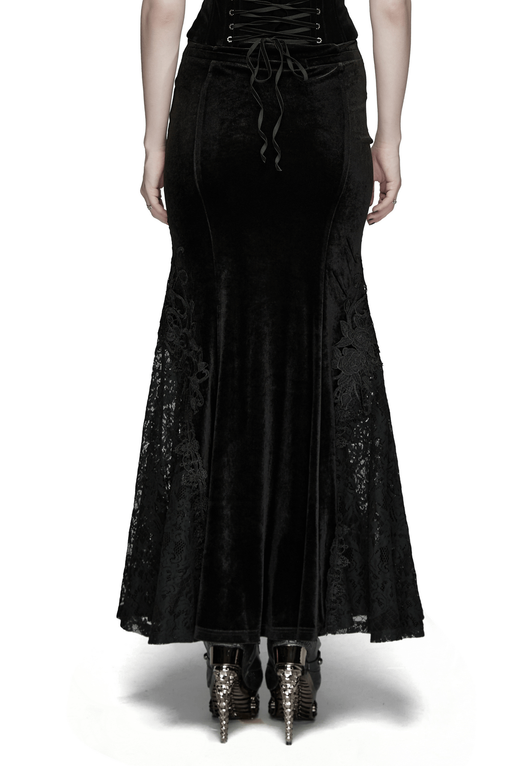 Velvet Goth Skirt with Lace and Sequin Embroidered Detailing showcasing elegant back view and intricate lace details.