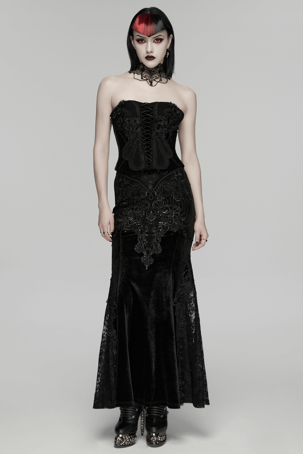 Velvet Goth Skirt with Lace and Sequin Embroidered Detailing worn by a model showcasing gothic fashion.