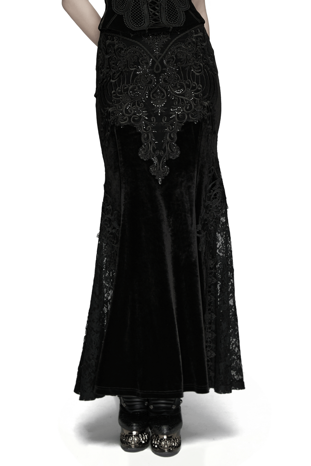 Velvet Goth Skirt with Lace and Sequin Embroidered Detailing, featuring intricate design and luxurious fabric.