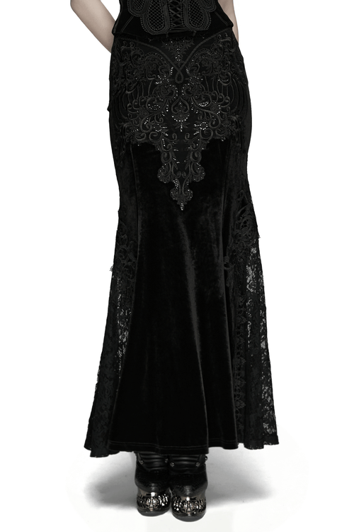 Velvet Goth Skirt with Lace and Sequin Embroidered Detailing